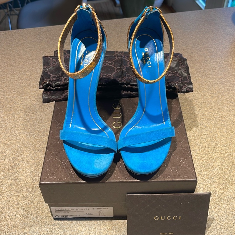 Gucci Blue and Gold Heeled Sandals